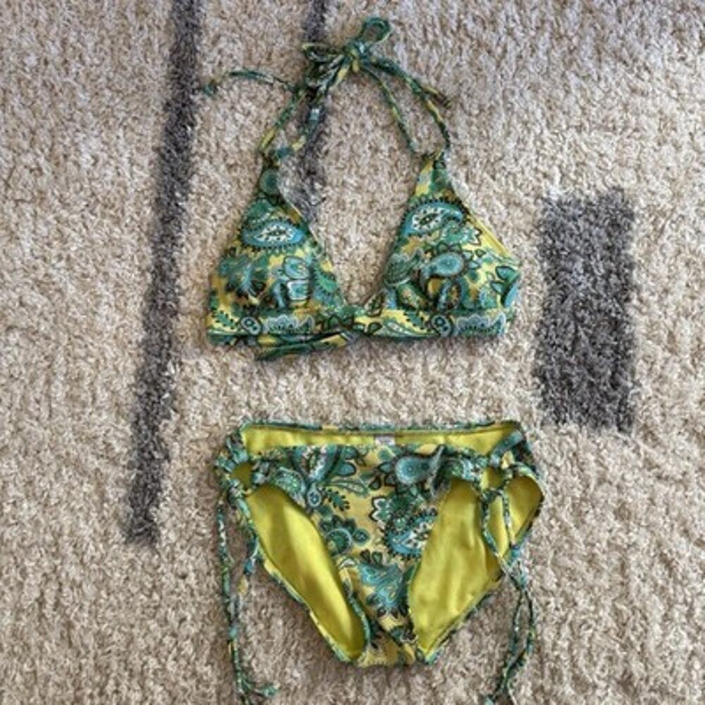 Y2K Old Navy String Bikini Women’s Small Paisley Halter Tie Triangle Yellow Blue